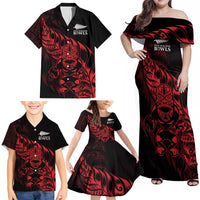 New Zealand Lawn Bowls Custom Family Matching Off Shoulder Maxi Dress and Hawaiian Shirt Red Maori Warrior Tribal Silver Fern - Polynesian Pride