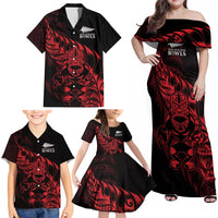 New Zealand Lawn Bowls Custom Family Matching Off Shoulder Maxi Dress and Hawaiian Shirt Red Maori Warrior Tribal Silver Fern - Polynesian Pride
