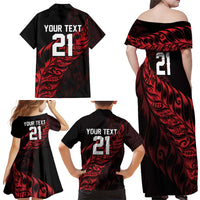 New Zealand Lawn Bowls Custom Family Matching Off Shoulder Maxi Dress and Hawaiian Shirt Red Maori Warrior Tribal Silver Fern - Polynesian Pride