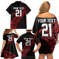 New Zealand Lawn Bowls Custom Family Matching Off Shoulder Short Dress and Hawaiian Shirt Red Maori Warrior Tribal Silver Fern - Polynesian Pride