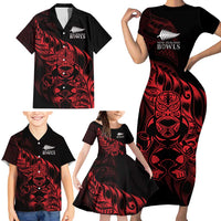 New Zealand Lawn Bowls Custom Family Matching Short Sleeve Bodycon Dress and Hawaiian Shirt Red Maori Warrior Tribal Silver Fern - Polynesian Pride