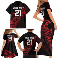 New Zealand Lawn Bowls Custom Family Matching Short Sleeve Bodycon Dress and Hawaiian Shirt Red Maori Warrior Tribal Silver Fern - Polynesian Pride