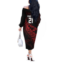 New Zealand Lawn Bowls Custom Off The Shoulder Long Sleeve Dress Red Maori Warrior Tribal Silver Fern - Polynesian Pride