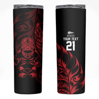 New Zealand Lawn Bowls Custom Skinny Tumbler Red Maori Warrior Tribal Silver Fern - Polynesian Pride