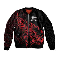 New Zealand Lawn Bowls Custom Sleeve Zip Bomber Jacket Red Maori Warrior Tribal Silver Fern - Polynesian Pride