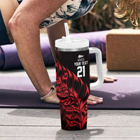 New Zealand Lawn Bowls Custom Tumbler With Handle Red Maori Warrior Tribal Silver Fern - Polynesian Pride
