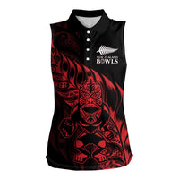 New Zealand Lawn Bowls Custom Women Sleeveless Polo Shirt Red Maori Warrior Tribal Silver Fern - Polynesian Pride