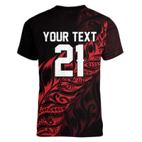 New Zealand Lawn Bowls Custom Women V-Neck T-Shirt Red Maori Warrior Tribal Silver Fern - Polynesian Pride