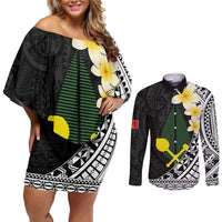 Alo Chiefdom Wallis and Futuna Personalized Couples Matching Off Shoulder Short Dress and Long Sleeve Button Shirt Frangipani Flowers Polynesian Pattern