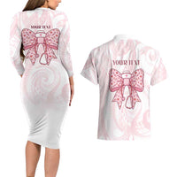 New Zealand Nurses RN Personalised Couples Matching Long Sleeve Bodycon Dress and Hawaiian Shirt Pink Stethoscope Coquette Bow Maori Motif