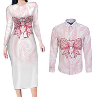 New Zealand Nurses RN Personalised Couples Matching Long Sleeve Bodycon Dress and Long Sleeve Button Shirt Pink Stethoscope Coquette Bow Maori Motif