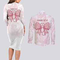 New Zealand Nurses RN Personalised Couples Matching Long Sleeve Bodycon Dress and Long Sleeve Button Shirt Pink Stethoscope Coquette Bow Maori Motif