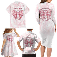 New Zealand Nurses RN Personalised Family Matching Long Sleeve Bodycon Dress and Hawaiian Shirt Pink Stethoscope Coquette Bow Maori Motif