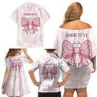 New Zealand Nurses RN Personalised Family Matching Off Shoulder Short Dress and Hawaiian Shirt Pink Stethoscope Coquette Bow Maori Motif