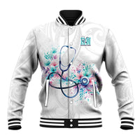 New Zealand Nurses RN Personalised Baseball Jacket Stethoscope Floral Maori Motif LT9 Unisex White - Polynesian Pride