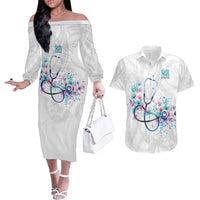 New Zealand Nurses RN Personalised Couples Matching Off The Shoulder Long Sleeve Dress and Hawaiian Shirt Stethoscope Floral Maori Motif