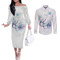 New Zealand Nurses RN Personalised Couples Matching Off The Shoulder Long Sleeve Dress and Long Sleeve Button Shirt Stethoscope Floral Maori Motif
