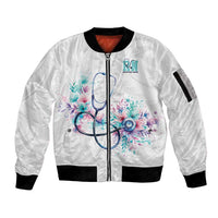 New Zealand Nurses RN Personalised Sleeve Zip Bomber Jacket Stethoscope Floral Maori Motif LT9 Unisex White - Polynesian Pride