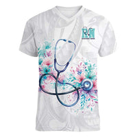 New Zealand Nurses RN Personalised Women V-Neck T-Shirt Stethoscope Floral Maori Motif