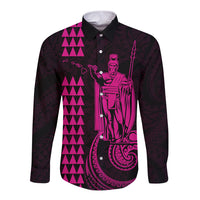 Custom Hawaii Long Sleeve Button Shirt King Kamehameha - Pink LT9 Unisex Pink - Polynesian Pride