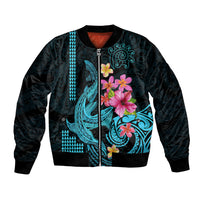Custom Polynesian Bomber Jacket Hawaiian Warriors with Tribal Shark Tattoos - Blue LT9 Unisex Blue - Polynesian Pride