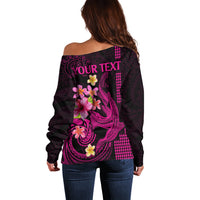 Custom Polynesian Off Shoulder Sweater Hawaiian Warriors with Tribal Shark Tattoos - Pink LT9 - Polynesian Pride