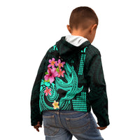 Custom Polynesian Kid Hoodie Hawaiian Warriors with Tribal Shark Tattoos - Turquoise LT9 - Polynesian Pride