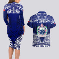 Personalised Samoa Coat Of Arms Couples Matching Long Sleeve Bodycon Dress and Hawaiian Shirt With Polynesian Pattern Version