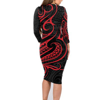 Tahitian Coat Of Arm and Tiare Flower Family Matching Long Sleeve Bodycon Dress and Hawaiian Shirt Polynesian Tribal Tattoo