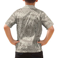 Tahitian Tiare Flower Family Matching Off The Shoulder Long Sleeve Dress and Hawaiian Shirt Beige Polynesian Pattern