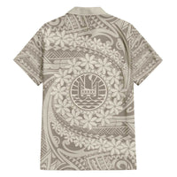 Tahitian Tiare Flower Family Matching Off The Shoulder Long Sleeve Dress and Hawaiian Shirt Beige Polynesian Pattern