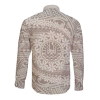 Tahitian Tiare Flower Long Sleeve Button Shirt Beige Polynesian Pattern