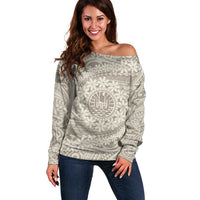 Tahitian Tiare Flower Off Shoulder Sweater Beige Polynesian Pattern LT9 Women Beige - Polynesian Pride