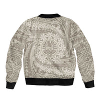 Tahitian Tiare Flower Sleeve Zip Bomber Jacket Beige Polynesian Pattern