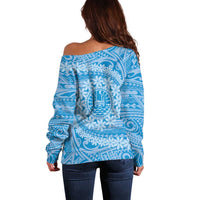 Tahitian Tiare Flower Off Shoulder Sweater Blue Polynesian Pattern LT9 - Polynesian Pride