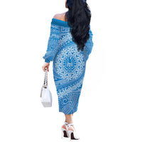 Tahitian Tiare Flower Off The Shoulder Long Sleeve Dress Blue Polynesian Pattern