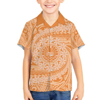 Tahitian Tiare Flower Family Matching Off The Shoulder Long Sleeve Dress and Hawaiian Shirt Gold Polynesian Pattern