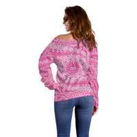 Tahitian Tiare Flower Off Shoulder Sweater Pink Polynesian Pattern LT9 - Polynesian Pride