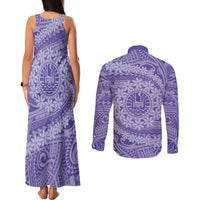 Tahitian Tiare Flower Couples Matching Tank Maxi Dress and Long Sleeve Button Shirt Violet Polynesian Pattern