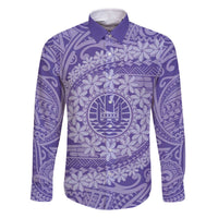 Tahitian Tiare Flower Family Matching Off The Shoulder Long Sleeve Dress and Hawaiian Shirt Violet Polynesian Pattern