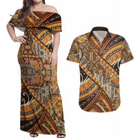 Hawaiian Style Tapa Couples Matching Off Shoulder Maxi Dress and Hawaiian Shirt Vintage Seamless Pattern LT9 Red - Polynesian Pride