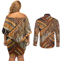 Hawaiian Style Tapa Couples Matching Off Shoulder Short Dress and Long Sleeve Button Shirt Vintage Seamless Pattern LT9 - Polynesian Pride
