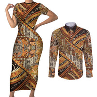 Hawaiian Style Tapa Couples Matching Short Sleeve Bodycon Dress and Long Sleeve Button Shirt Vintage Seamless Pattern LT9 Red - Polynesian Pride
