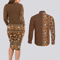 Hawaiian Tribal Elements Hibiscus Couples Matching Long Sleeve Bodycon Dress and Long Sleeve Button Shirt Gold Pattern - Polynesian Pride