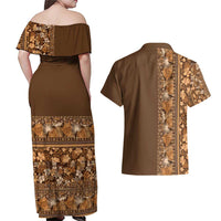 Hawaiian Tribal Elements Hibiscus Couples Matching Off Shoulder Maxi Dress and Hawaiian Shirt Gold Pattern - Polynesian Pride