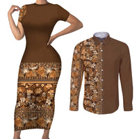 Hawaiian Tribal Elements Hibiscus Couples Matching Short Sleeve Bodycon Dress and Long Sleeve Button Shirt Gold Pattern - Polynesian Pride