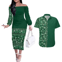 Hawaiian Tribal Elements Hibiscus Couples Matching Off The Shoulder Long Sleeve Dress and Hawaiian Shirt Green Pattern - Polynesian Pride