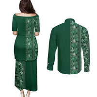 Hawaiian Tribal Elements Hibiscus Couples Matching Puletasi and Long Sleeve Button Shirt Green Pattern - Polynesian Pride