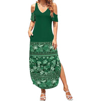 Hawaiian Tribal Elements Hibiscus Family Matching Summer Maxi Dress and Hawaiian Shirt Green Pattern - Polynesian Pride