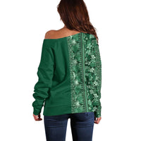 Hawaiian Tribal Elements Hibiscus Off Shoulder Sweater Green Pattern - Polynesian Pride